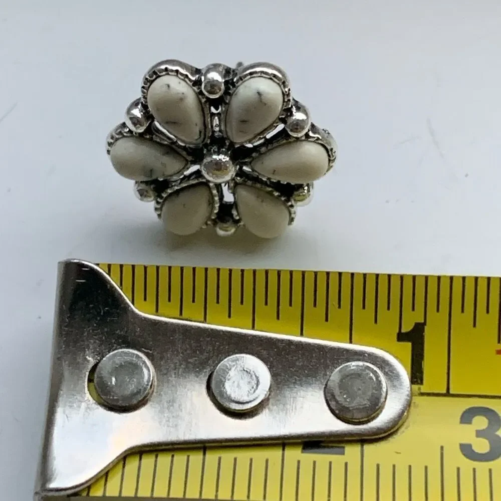 Western White Buffalo Style Blossom Earrings, Silver Tone Stone Studs